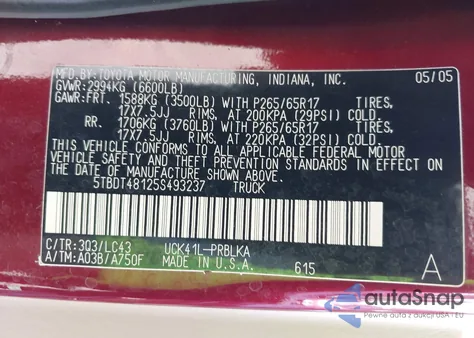 2005 Toyota Tundra Limited V8 z USA, uszkodzony, nr VIN 5TBDT48125S493237